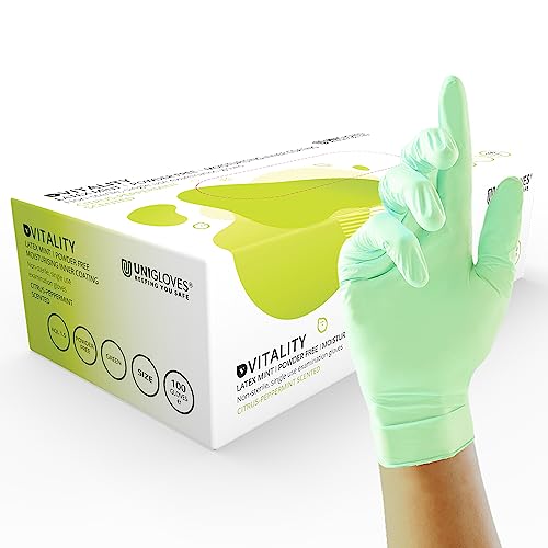Unigloves Vitality Latex Mint GD0011 Examination - Multipurpose, Scented, Powder Free Disposable Gloves, Box of 100 Gloves, Green, Extra Small - XS