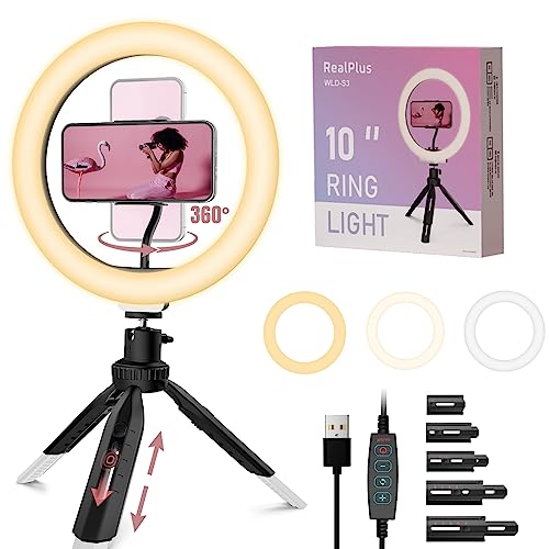 RealPlus LED Ring Light, 10" Ring Light with Tripod Stand & Phone Holder, Selfie Ring Light with 3 Light Modes & 10 Brightness for YouTube Video Tiktok-Gifts for Women
