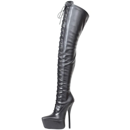 Crotch-High Leather Boots Platform Pointed Toe Front Lace-up Side Zip High Heel, Black-38