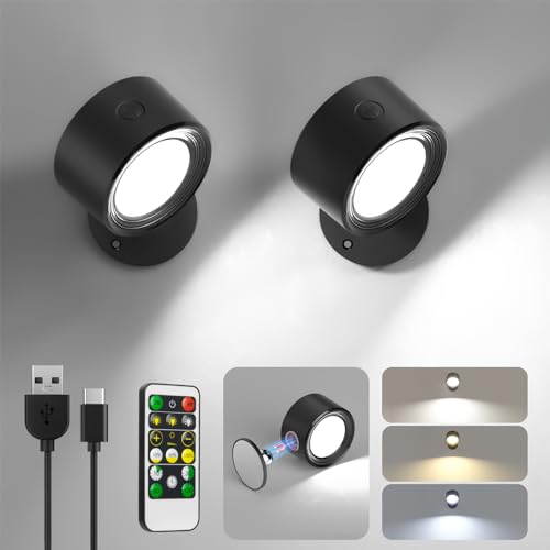 Lightbiz LED Wall Mounted Lights 2 Pcs with Remote, Sconces Lamp 3000mAh Rechargeable Battery Operated, 3 Color Temperatures & Dimmable Magnetic 360° Rotation Cordless for Bedroom Bedside - Black-3 Color Temp Light - 2 Pcs