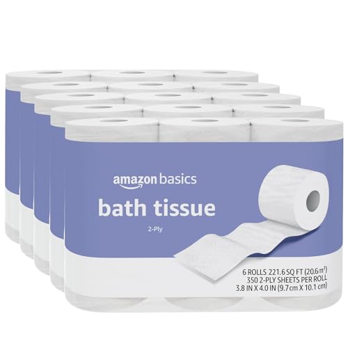 Amazon Basics 2-Ply Toilet Paper, 30 Rolls = 120 Regular Rolls, 350 Sheets, (Pack of 30), Unscented - 350 sheet (Pack of 30)