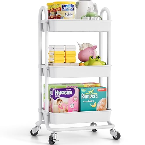 TOOLF Utility Cart, 3 Tier Rolling Storage Cart with Lockable Wheels, Multi-Purpose Storage Trolley with Handles and Leaf-Shaped Hollow Design – Ideal Organizer for Home, Office (Pearl White) - Pearl White