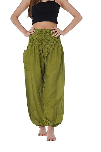 B BANGKOK PANTS Harem Pants Women Yoga Boho Clothes with Pockets - One Size - Green Leaf