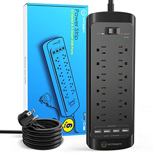 Power Strip Witeem Surge Protector with 12-Outlet (1875W/15A, 4360Joules) and 4 USB Charging Ports (5V/3.4A, 30W)10Ft Extension Cord, Wall Mountable Overload Protection Outlet for Home & Office-Black - black