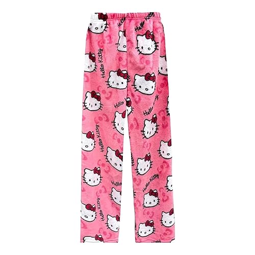 BIUGNVW Anime Pajamas Pants Women Cartoon Family Christmas Pajama Pants Kawaii Flannel Pajama Pants Black and Pink - Rose Red - L
