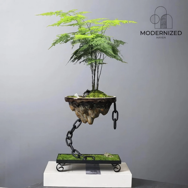 Floating Bonsai Planter Pot with Chain Suspension, Levitating Plant Holder for Indoor Garden, Hanging Ornament Flower Pot, Gift for Planters