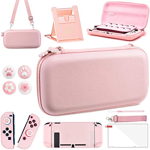 OLDZHU Pink Travel Carrying Case Accessories Kit Compatible With Nintendo Switch - 10 in 1 Essential Protection Kits with Hard Protective Cover,Glass Screen Protector,Adjustable Stand,Thumb Grip Caps - Switch