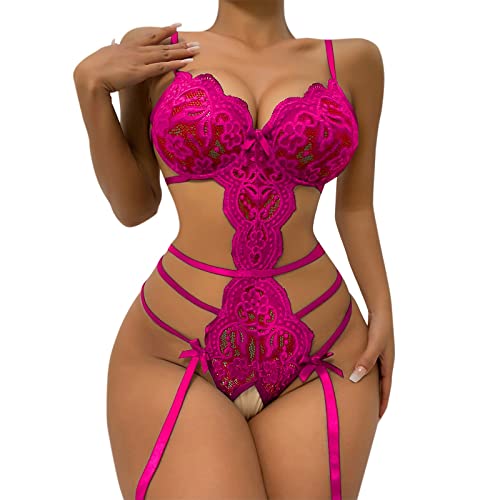 Genérico Mujeres Snap Lencería Sexy Body de Encaje Deep V Teddy Lace Push UP Body Body Abierta - Rosa Caliente - S