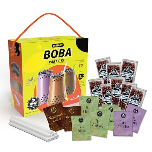 Flavfar Instant Tapioca Pearls Gift Set - Authentic Low-Calorie Bubble Tea Kit with Brown Sugar Boba, Thai Milk Tea (4), Taro (2), Vietnamese Coffee (2) - Mix - 8 pack