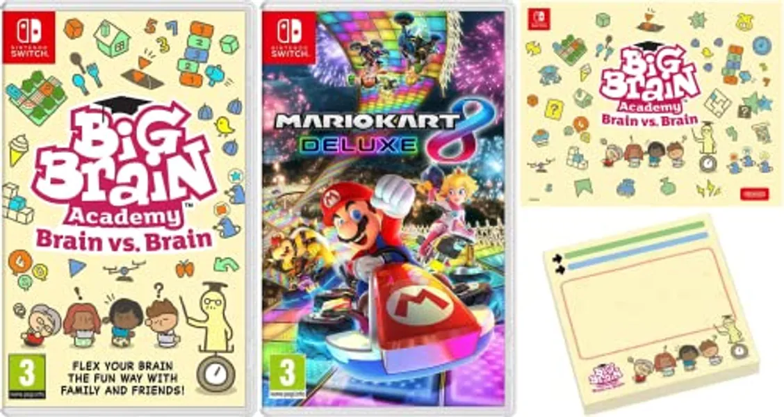 Big Brain Academy: Brain vs Brain (Nintendo Switch) + Microfibre Cloth + Sticky Notes + Mario Kart 8 Deluxe (Nintendo Switch)