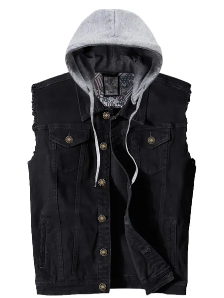 Heihuohua Men's Hooded Denim Vest Classic Stretchy Trucker Sleeveless Jean Jacket