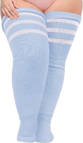 Plus Size Womens Thigh High Socks for Thick Thighs- Extra Long Striped Thick Over the Knee Stockings- Leg Warmer Boot Socks - Baby Blue & White