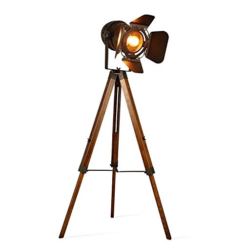 Decoluce Vintage Tripod Floor Lamp,Nautical Teatre Retro Spotlight,Industrial Decor Wooden Light Fixtures,Cinema Movie Props-Without Edison Bulb - tripod cinema floor lamp