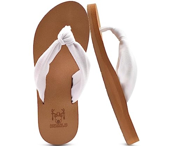 KuaiLu Flip Flops for Women with Arch Support Yoga Mat Comfortable Summer Beach Walking Thong Cushion Sandals Slip On Indoor Outdoor - 6 - White Khaki