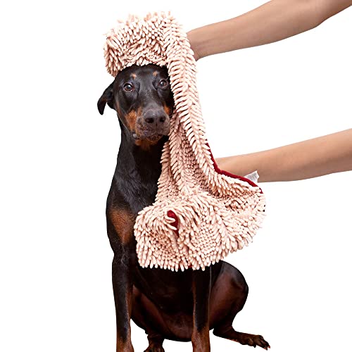 Soggy Doggy Super Shammy Dog Towel, Washable Microfiber Dog Towels for Drying Dogs and Cleaning Paws, Fast-Drying Dog Bath Towel with Hand Pockets, Beige/Red Trim, 31 x 14 Inches - Beige