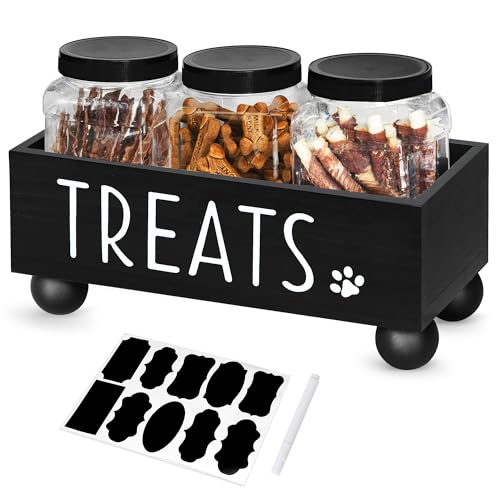 Ziprofly Dog Treat Container, Dog Food Storage Container, Modern Farmhouse Dog Treat Container with Wood Box, Pet Treat Storage Container for Dog and Cat, Dog Food Storage Canister, Gift for Pet - Black,1 Box+3 Jars