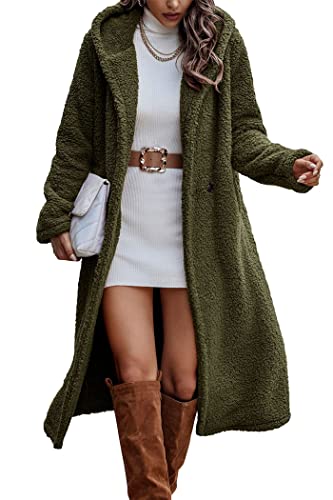 PRETTYGARDEN Women's 2023 Winter Coats Fuzzy Fleece Long Hooded Jackets Button Down Faux Fur Warm Outwear with Pockets - Army Green Small