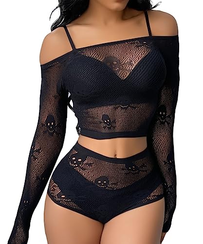 Buitifo Womens Lingerie Set Fishnet Babydoll Bodysuit Sexy Nightwear Skull Halloween Costume - Black Tgta - One Size