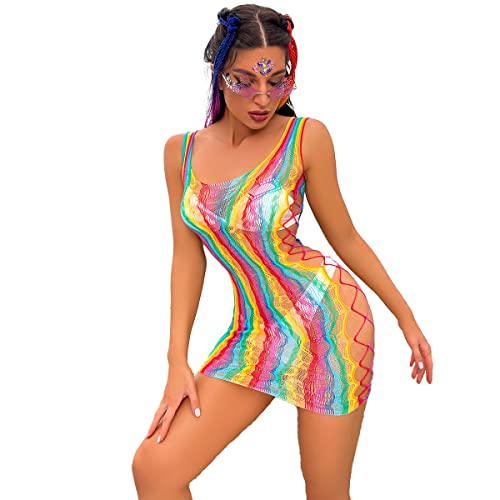 Womens Rainbow Fishnet Rave Festival Outfits Bikini Swimwear Cover Ups Mini Dress Bodysuit Teddy Night Clubwear - Colorful Rainbow#12