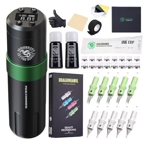 Dragonhawk Tattoo Maschine Set, Kit Rotary Tattoo Pen Wireless Tattoo Pen Machine Gun Coreless Motor 3.5mm Stroke Length 20 pcs Cartridges Tattoo nadeln for Tattoo beginner - DML-5