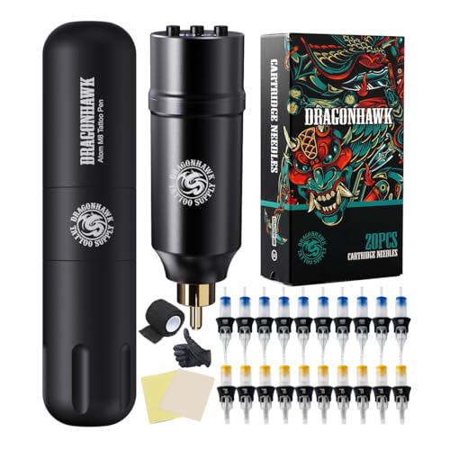 Dragonhawk Tattoo Machine Set Wireless Rotary Tattoo Pen Machine Motor Gun Wireless Battery Power Supply with RCA Jack Tattoo Cartridges Needles for Tattoo Beginners