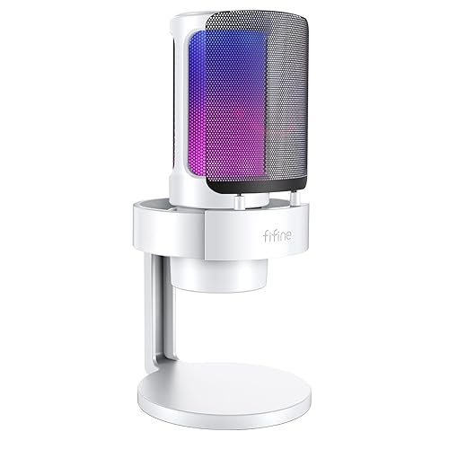 FIFINE Gaming USB PC Computer RGB Microphone for Live Streaming, Meeting, Podcasting, Video, Condenser Mic with Monitoring Headphone Jack, Light Control, for MAC OS/Windows-AmpliGame A8 White - White