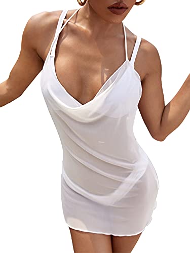 SheIn Women's Sexy Sleeveless Cowl Neck Open Back Sheer Mesh Halter Short Dress - Large - White