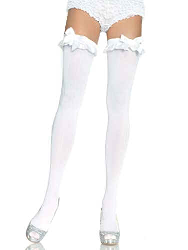 Leg Avenue Women's Opaque Thigh Highs with Satin Ruffle Trim and Bow - White