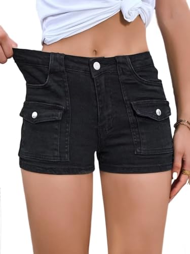 Aotasely Women's Stretchy Jean Shorts Mid Waisted Twill Shorts Stretch Junior Booty Denim Shorts with Pockets Club Night - Small - Black