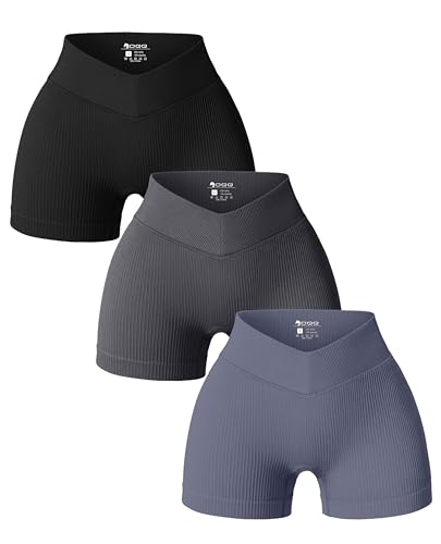 OQQ Women 3 Piece Yoga Shorts Ribbed V Shaped High Waist Workout Exercise Shorts Leggings - Black,darkgrey,grey Blue - Small