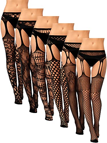 6 Pairs Women Fishnet Thigh High Stockings Suspender Pantyhose Lingerie Garter Belts Tights for Women Girls - Medium-Large - Black