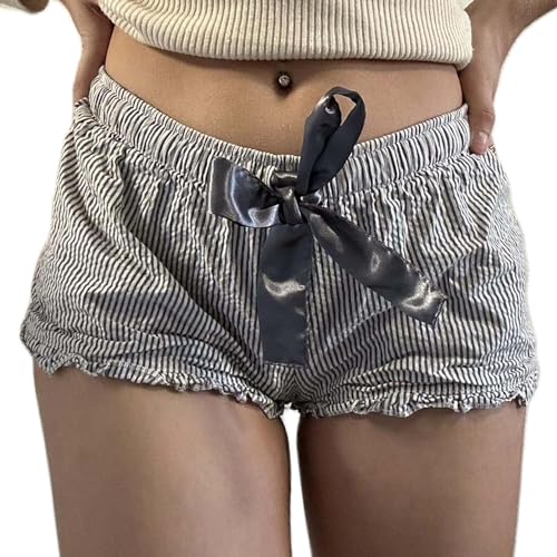 Cute Pajama Shorts for Women Y2K Sexy Low Rise Lounge Floral Shorts Comfy Striped Button Boxers Pj Bottoms Sleepwear - Small - D Lace-up Black
