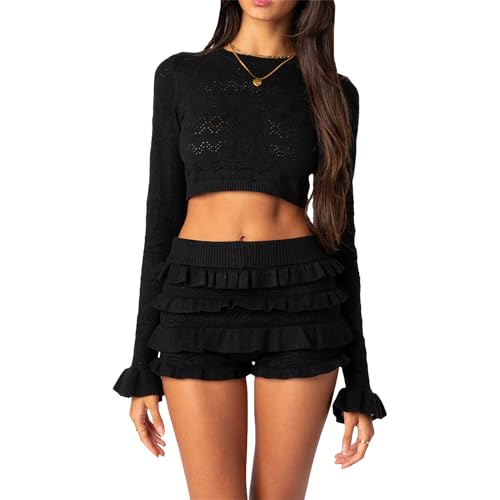 Hassembly Women Y2K Aesthetic Layered Ruffle Shorts Set Hollow Out Crochet Knit Boxer Shorts Cute Comfy Bloomer Loungewear - 2 Piece Black - Small