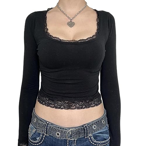 Women Y2k Retro Long Sleeve Shirt Top Slim Fit Lace Trim T-Shirt Harajuku Fairy Aesthetic Tee Tops Streetwear - Small - A