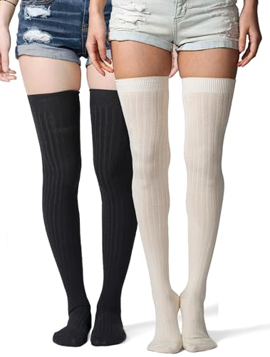 Love Classic Ribbed Cotton Women's Thigh High Socks Over the Knee Boot Leg Warmers - Small - 2-pack Ivory and Black