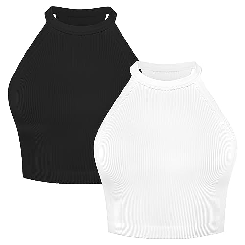 Sunzel Ribbed Tank Tops for Women, Halter High Neck Seamless Cute Crop Top, Basics Sleeveless Workout Athletic Yoga Shirts - Black+white (Crop) 2 Pack - Small
