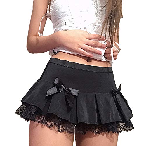 Women Lace Patchwork Mini Pleated Skirts High Waist Lace Up Ruffle Short Skirts Harajuku Goth Skirt - Small - P Black