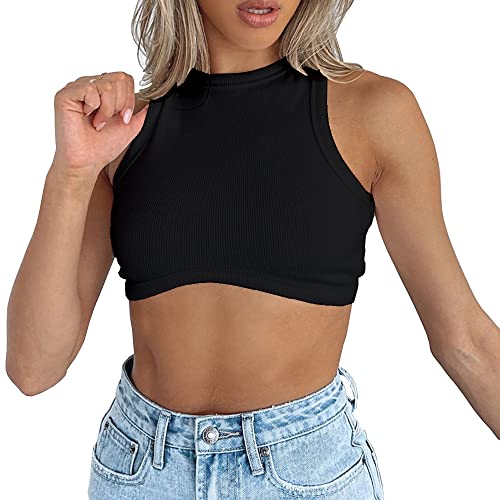 Abardsion Women's Crew Neck Racerback Knit Ribbed Basic Sleeveless Crop Tank Tops - Small - Black