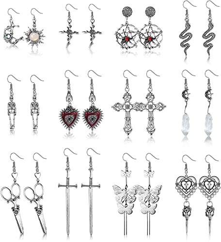 MILACOLATO Gothic Ohrringe für Damen Goth Vintage Grunge Ohrringe Retro Silber Goth Punk Rock Schlange Böser Blick Herz Baumeln Ohrringe Fee Skelett Schwert Sonne Mond Ohrringe Halloween Schmuck - Schwarze Punk-12paare