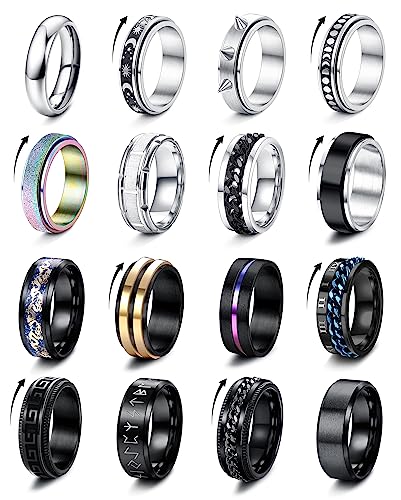 FIOROYAL 16 Stück Edelstahl Ringe Herren Skill Ringe für Männer Frauen Spinner Ring Schwarzer Silber Mode Band Anti Stress Ring Fidget Ring Hochzeitsversprechen Herren Ringe Set 54-69 - 59 (18.8)