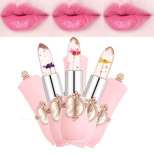 Pakivs 3 Stück Kristall Blumengelee Lippenstift Set,Magische Temperatur Farbwechsel Lipgloss langanhaltend klar nahrhafte Feuchtigkeitscreme Lippenbalsam (Rosa) - Set A