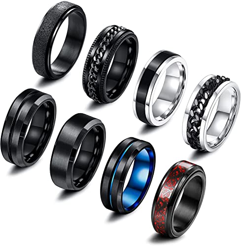 Milacolato 8 Stück Edelstahl Fidget Ring Spinner Ring Edelstahl Spinner Ringe für Zappeln für Damen Hochzeitsversprechen Schwarze Bandringe Coole Schwarze Ringe für Männer 52-70 - 60(19)