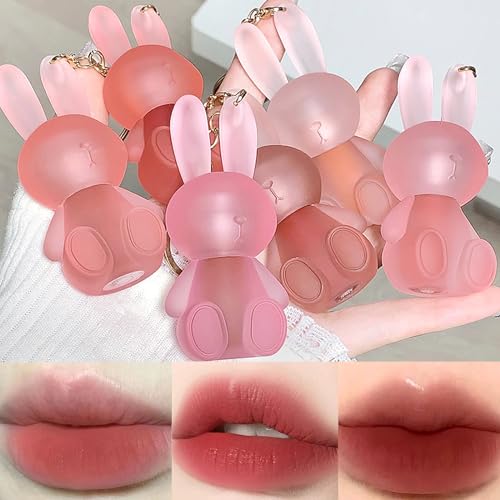 6 Farben Lippenstift Matte Lipstick set,Cute Rabbit Lip Glaze 2 in 1 Key Chain Lip Gloss Lip Stain, Waterproof Non-Stick Cup Long Lasting Lip Clay Cute Lip Makeup - A