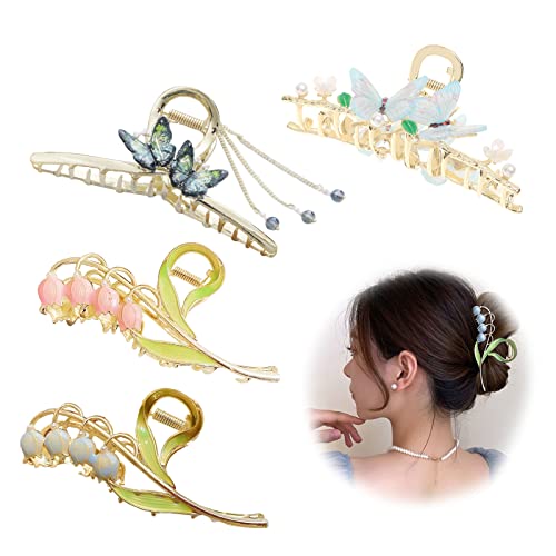 FAMIDIQGO Pack 4 flower Butterfly Metal hairpin for women - Large hair claw clips for women with thick hair, thin hair, hair claw for girls - A