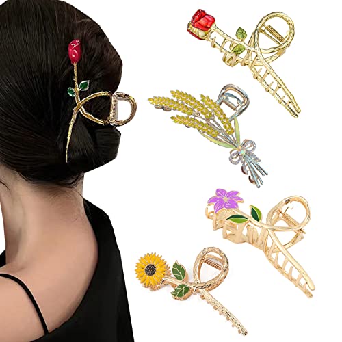 FAMIDIQGO Pack 4 Rose Sunflower Metal Hairpin for Women - Large Hair Claw Clips for Women with Thick Hair, Thin Hair, Hair Claw for Girls - B