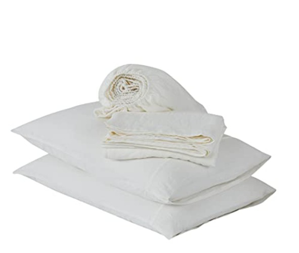 Berklan Linen Sheets Queen Size 100% French Natural Flax with Stone Washed 16 Inch Deep Pocket Ultra Breathable (1 Flat, 1 Fitted Sheet and 2 Pillowcases Off-White Queen) - White - Queen