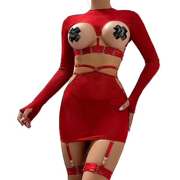 WILLBEST Sexy Lingerie Set for Women Lace Teddy Babydolls Fringe Nightwear BobyStocking Adjustable Straps Rhinestone Mini Dress Nighties Bow Tie Sleepwear