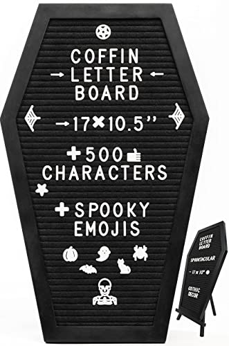 Coffin Letter Board With Spooky Emojis - Halloween Decor Gifts - Halloween Decorations Indoor - Goth Witchy Gothic Decor - For Wall or Table Top +500 Characters, 17x10.5 Inches (Black) - Black