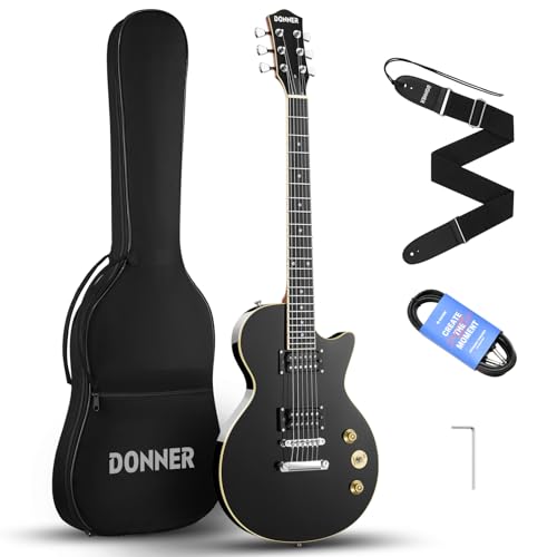 Donner LP Electric Guitar Kit Full Size Guitar Starter Set 39 Inch Solid Body with Bag, Strap, Cable (LP Style, Black) - Black - LP