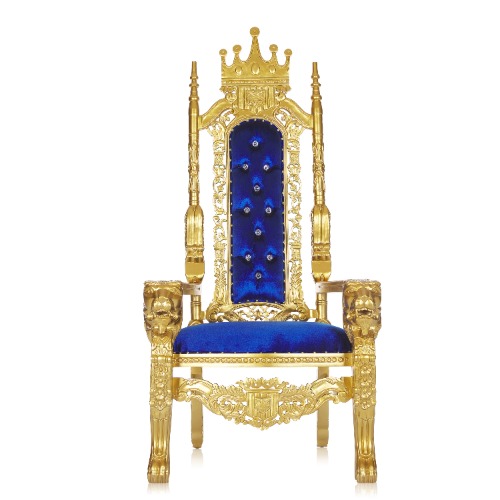 "King David" Crown Lion Throne Chair - Blue Velvet / Gold